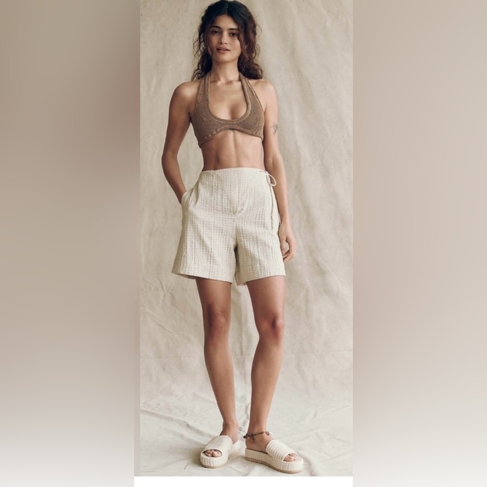 Free People free-est Pucker Check Wrap Shorts Oatmeal 100% Cotton Size L - Picture 3 of 14